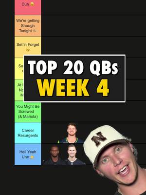 Top 20 Fantasy Quarterbacks Week 4 🏈 Kirk Cousins, Geno Smith Sam Darnold, Daniel Jones Drake Maye, Justin Herbert, C.J. Stroud, Marcus Mariota Sit Maye and Herbert for now, though Herbert's shown more life. Stroud's been average but should improve with Nico Collins back against Dallas. Mariota gets a Colts defense allowing top 10 to receivers and top 5 to QBs, sneaky shootout spot in London. Matthew Stafford, Jordan Love, Bo Nix, Patrick Mahomes Stafford's bounced back but wasn't great last time against Philly. Love's been mid, but Green Bay can't run it so volume gives him a floor. Nix and Mahomes just have tougher matchups, don't sit either, I just like other options more this week. Jacoby Brissett, Kyler Murray, Bryce Young Brissett can start for you against a banged up Giants team missing Brian Burns, and I think Arizona wins that one. Kyler faces a Dolphins defense allowing top 10 points to QBs and the most to RBs, some of that should transfer to him. Young draws a Lions defense giving up the most points to QBs, great spot. Jalen Hurts, Dak Prescott, Brock Purdy Hurts dropped 29 last time he played the Rams, great bounce back spot. Dak gets a Houston defense that's been off, top 10 points allowed to QBs and top 3 to receivers, so Dak, CeeDee, and Pickens should all eat. Purdy draws a tougher Denver matchup but start him anyway, he's been fantastic. Jared Goff, Tyler Shough, Trevor Lawrence, Joe Burrow Goff's in that Panthers-Lions shootout with a 51.5 O/U, and Carolina's corners are both on IR so receivers should feast. Excited to watch Shough again, don't expect New Orleans to lean on the run against a top run defense. Burrow and Lawrence go head to head in another 51.5 O/U game, enough said. Lamar Jackson, Josh Allen #football #nfl #fantasyfootball #nflfantasy #tiktokcampaign 