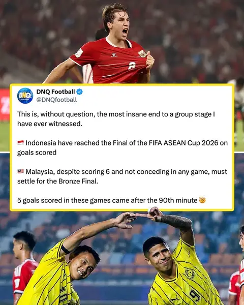 GOAL GALORE IN SOUTHEAST ASIA 🤯 Malaysia failed to advance to the finals of the 2026 FIFA ASEAN Cup, a tournament for men's national teams in Southeast Asia, despite going unbeaten, not conceding a single goal, and putting 6 past Singapore in their final match. Indonesia advanced on goals scored after netting 9 against Bangladesh, with 19-year-old striker Mitchell Lee Baker scoring 5 🔥