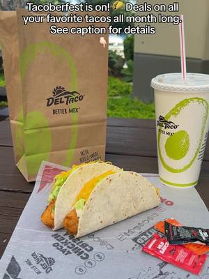 Tacoberfest® is ON. We’re dropping taco deals all month long, so save this lineup: 10/1–10/4: BOGO Street Taco 10/6: National Taco Day — FREE taco with purchase* 10/7–10/10: BOGO Carnitas Big Fat Taco 10/14–10/17: BOGO Crispy Chicken Taco 10/21–10/24: BOGO Grilled Chicken Taco 10/28–10/31: BOGO The Del Taco Basically, October belongs to tacos. 🌮 Available for Del Yeah!™ Rewards members in the app or at deltaco.com. Limit one offer per guest per day. Price and participation may vary. Terms apply. *National Taco Day offer excludes the All-American Burgertaco.