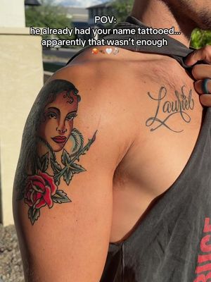 TATTOOED MY FACE😭🤍 ( unprovoked mind you!!) my husband loves me loudly and never fails to make me feel like the most special girl in the world. I love him so much 🥹💍  It’s an American traditional rendition of his favorite portrait of me 🤏🏾 • • • #husbandgoals #marriedlife #tattoo #cutecouple #Love 
