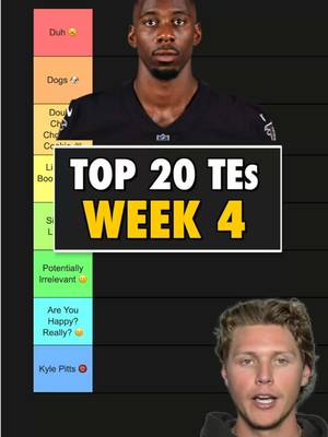 Top 20 Fantasy Tight Ends Week 4 🏈 Kyle Pitts Jake Ferguson, T.J. Hockenson, Mark Andrews, AJ Barner Hockenson's the one I keep going back and forth on, I'd move him up if Jefferson sits. The rest are just okay with no great matchups. Dalton Schultz, Pat Freiermuth, Brenton Strange Schultz is declining with Collins back, and Freiermuth and Strange have both flashed but stayed inconsistent. Colston Loveland got a bit more involved last week, still need to see more. Kenyon Sadiq, Darren Waller, Harold Fannin, Tucker Kraft, Isaiah Likely Waller's my boldest call of the group, back-to-back double digit games and now a Lions defense giving up the most points to tight ends in the league. Likely draws a top 5 Arizona defense against the position. Fannin's got a tougher Steelers matchup but is coming off one of the best games of his career. Juwan Johnson, Dalton Kincaid, Sam LaPorta Juwan has to be a top 8 guy against a Falcons defense that's seventh worst against tight ends. LaPorta gets the much better matchup of these three in Carolina, but watch the rainy weather there Sunday. Need a trade? Win it with the WalterPicks trade finder, free trial with code RYAN. Travis Kelce, Tyler Warren, George Kittle Kelce gets a Raiders defense that's third worst against tight ends this year. Warren draws a Commanders defense allowing the second most. Kittle gets Denver, who Tyler Higbee just dropped 20 on. Brock Bowers, Trey McBride #football #TikTokCampaign #fantasyfootball #nflfantasy #tightends 