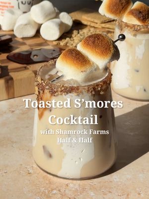 A toasted marshmallow cocktail might be my new favorite fall drink 🤎. Shamrock Farms Half & Half makes it extra rich, creamy, and smooth thanks to real dairy. #shamrockfarmspartner @Shamrock Farms  Toasted S'mores Cocktail - 1.5 oz vodka - 1.5 oz Shamrock Farms Half & Half - .75 oz toasted marshmallow syrup - .5 oz coffee liqueur - Pinch of sea salt - Marshmallow fluff, for inside of glass - Chocolate syrup and graham cracker, for rim of glass - Toasted marshmallow, for garnish Start by rimming a cocktail glass with chocolate sauce, then dip it into crushed graham crackers. Refrigerate while you prepare the cocktail. In a cocktail shaker, combine vodka, Shamrock Farms Half & Half, toasted marshmallow syrup, coffee liqueur, and a pinch of sea salt. Fill with ice and shake until chilled. Add marshmallow fluff to the glass, then fill it with ice. Strain the cocktail into the glass and garnish with toasted marshmallows. Toasted Marshmallow Syrup - 1/2 cup water - 1/2 cup sugar - 5 toasted marshmallows Place the marshmallows in the oven and set it to low broil. Watch them closely, as they toast quickly. Remove them from the oven and add them to a saucepan over medium heat. Stir occasionally until the sugar and marshmallows dissolve. Strain through a mesh strainer and let cool.