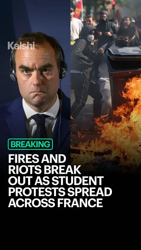 Fires and clashes broke out as student protests spread across France. Students are protesting teacher shortages, overcrowded classrooms and deteriorating school conditions as unrest has escalated nationwide. Traders give Marine Le Pen a 49% chance of winning the French presidential election. AP News