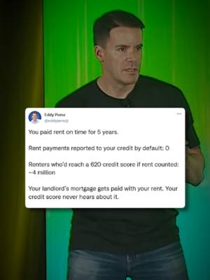 Why rent doesn't build credit 💳 Five years of on-time rent payments reported to credit bureaus: zero. Over four million renters would hit a 620 credit score tomorrow if rent counted. Rent pays the landlord's mortgage, but credit scores never hear about it. Send this to a renter who needs to know this. #creditscore #renting #homeownership #mortgagetips