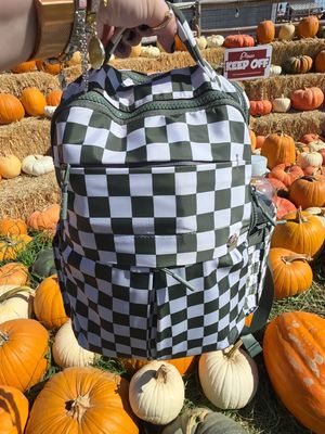 I have been using this checkered olive backpack from @IRIS & RAINBOW NON-STOP lately. It's absolutely perfect for fall. I brought it with us to the farmstead today and it held all our essentials! 🍂🍃🍂🍁 #checkeredbag #checkeredbackpack #irisandrainbow #bagtok #fallbags 