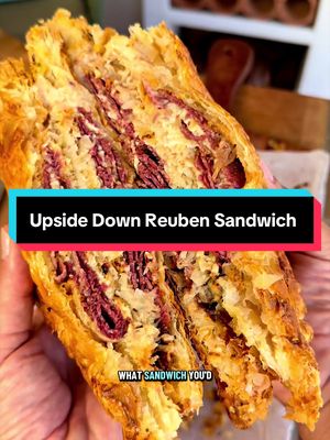 Upside Down Reuben Sandwich  For more upside down inspiration check out my cookbooks. Link in bio.  #sandwich #upsidedown #pastry #reuben 
