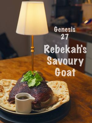 Finding My favourite meal in the Bible EP2: Genesis 27 - Rebekah’s Savoury Goat  . Ingredients  * 2kg goat shoulder, bone in, whole * 3.5 tsp salt * 4 tbsp olive oil * 1 tbsp  * 2 tsp cumin * 2 tsp Coriander * 1 Large Onion Quartered  * 1 garlic head Cut in half  * 2 celery stalks *2 carrots * 5 thyme sprigs * 300ml red wine * 300 ml lamb stock * 1.5 tbsp red wine vinegar * 8 flatbreads, to serve Method:  1. Dry brown your goat for 30 minutes with salt and set aside - you should see all the moisture come out  2. preheat your oven to 240°C  3. Pat your goat dry with paper towels and Rub with olive oil and spices  4. then in a Dutch pot, add your carrots, celery, and onion along with thyme and garlic at the bottom. This will help with the circulation of heat  5. place your lamb on top and roast for 30 minutes  6. then remove from the oven and pour in red wine and lamb stock  7. bring the oven temperature down to 150°C and bake for 3 hours  8. then bake again at 220°C to develop a crust that’s like in the story - we are trying to make it taste like venison  9. then set the lamb aside on a chopping board and cover with foil  10. strain the juices from the pot in a another pot 11.  then reduce until you have the desired sauce consistency. Finish with red wine vinegar  12. finally served with the flatbreads, lamb on top with a side of sauce , and enjoy.  . #bible #jesus #Genesis #rebekahsgoat