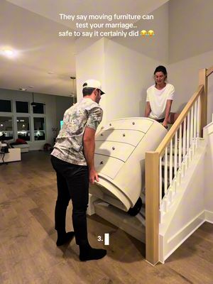 Yall don’t even wanna know what happened when we tried to turn the corner on the staircase 😂🤯 #marriagehumor #married #newhome #movein #movingfurniture 