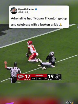 Adrenaline is absolutely INSANE. Tyquan Thornton got up and celebrated after this play despite suffering what appeared to be a serious ankle injury. Thornton was having a career day against the Raiders before going down, which makes this even tougher to see. Nothing but prayers for Tyquan Thornton. Hoping the injury isn’t as serious as it looked and that he makes a full recovery. 🙏 #tyquanthornton #nfl #chiefs #raiders #football