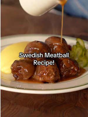 Who wants a full plate of Swedish meatballs? 🇸🇪 Had these at a restaurant in Sweden and I think they’re pretty close! Ingredients Meatballs - 500g minced beef - 500g minced pork - 3/4 cups panko breadcrumbs - 1 large egg - 2 tbsp olive oil - 1/4 cup heavy cream - 2 TBSP milk - 1 TBSP dijon mustard - 1 tsp allspice - 1 tsp black pepper - Salt - Butter - Olive oil - Herbs: Thyme and rosemary Gravy  - 1 cup heavy cream - 2 cups beef stock - 1 tsp Dijon mustard Mashed Potatoes (Pomme purée): - 5 Yukon potatoes - 1 cup unsalted butter - 1 cup whole milk - 1–2 tsp salt Cranberry Sauce - 2 cups lingonberries (I used cranberries because I couldn’t find lingonberries) - 1/3 cup sugar - Lemon juice to taste - Salt Quick Pickles - 1 cucumber - 2 cups white wine vinegar - 1 cup water - 3/4 cup sugar - 1 tbsp mustard seeds - Dill Instructions Meatballs - Add panko breadcrumbs to a bowl with heavy cream, milk, a whole egg, and Dijon mustard. Mix and let sit for 5 minutes. - Add ground beef, ground pork, allspice, salt, and black pepper, then mix until well combined. Form into golf-ball-sized meatballs and chill in the fridge for 1 hour. - Sear the meatballs in a pan with olive oil. Butter baste with herbs until fully cooked, then remove the meatballs from the pan. Gravy - In the same pan, reduce the beef stock with heavy cream. Once reduced, add Dijon mustard and whisk to make the gravy. - Warm the meatballs in the gravy before serving. Mashed Potatoes (Pomme Purée) - Boil the potatoes from cold water for about 35 minutes, or until tender. Peel the potatoes while warm, then pass them through a sieve. - Add the potatoes to a pan over low heat and gradually fold in the butter until creamy. - Pour in the milk and season with salt and gently fold. Cranberry Sauce - Cook the lingonberries in a pan over medium heat with sugar and lemon juice until they reach a jam-like consistency. Do not squish the lingonberries so they retain their shape. Quick Pickles - In a saucepan over low heat, cook the sugar with white wine vinegar, water, and mustard seeds until the sugar dissolves. - Add the sliced cucumbers and dill, then transfer to a container.