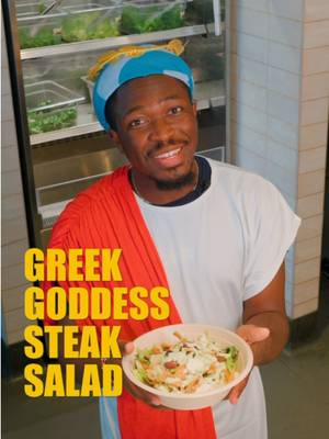 POV: You let Greek God Kendel pick your order. 💚 Here's the Greek Goddess Steak Salad! Power Greens Tzatziki Traditional Hummus Grilled Steak Sumac Slaw Tomato + Cucumbers Kalamata Olives Pita Crisps Crumbled Feta Greek Goddess dressing #cava #mediterranean #food 
