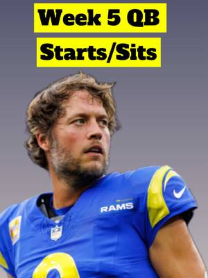 Week 5 QB starts and sits for fantasy football!  Matthew Stafford is in a high-scoring matchup with Buffalo, and his fantasy football ceiling is super high.  Jared Goff is facing a Cardinals team on the road in a game where the Lions need to win. He has a very safe floor and also has a high ceiling.  Jacoby Brissett is facing one of the worst defenses in the league, one that just got torched by Bryce Young. Play Brissett if you need a deep league QB.  Sit Jalen Hurts in a very tough matchup without his weapons.  #fantasyfootball #fantasyfootballadvice 