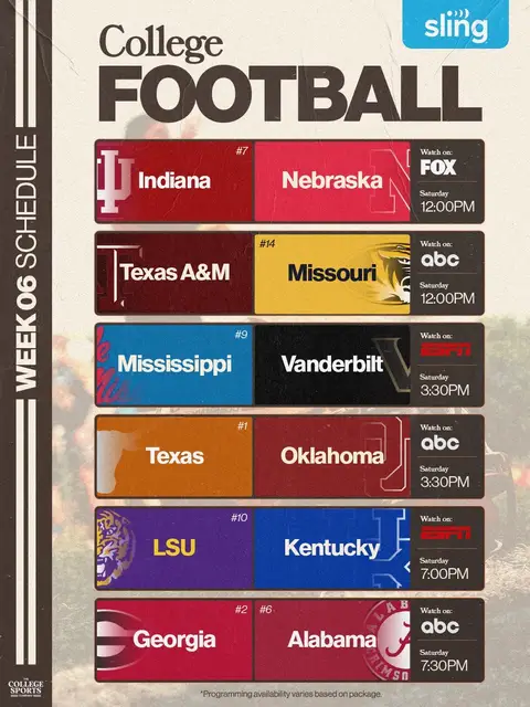 Week 6 is HERE and we are READY‼️ Saturday is full of ELITE matchups, headlined by No. 2 Georgia heading to Tuscaloosa for a BATTLE with No. 6 Alabama 👀 Watch college football on @Sling TV  #SlingPartner  @Red Dirt Media @Blue Chips Media  #fball #football #cfb #CollegeFootball 