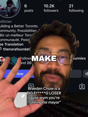 Braeden Chow... count your days. This is NOT the stunt you think it is. Toronto deserves better, not a jester's theatrical performance. We already have/had the Fords. Bye girl! #fy #toronto #mayor #oliviachow 