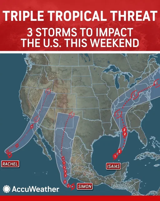 A triple tropical threat is taking shape. 🌀🌀🌀 Rachel, Isaias and Simon are all expected to bring significant impacts this weekend, from the U.S. West Coast and southwestern Mexico to the central Gulf Coast.