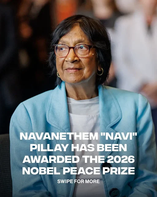 Navi Pillay has been awarded the 2026 Nobel Peace Prize for her efforts to promote peace and international law. A South African jurist who challenged apartheid, Pillay went on to serve as a judge on South Africa’s High Court, the International Criminal Tribunal for Rwanda and the International Criminal Court, as well as U.N. High Commissioner for Human Rights.  As a judge in the landmark Akayesu case at the Rwanda tribunal, she helped establish that rape and sexual violence could constitute crimes against humanity and genocide. The Nobel Committee said the award recognizes her work advancing accountability and the importance of defending the rule of law. (📸: Getty)