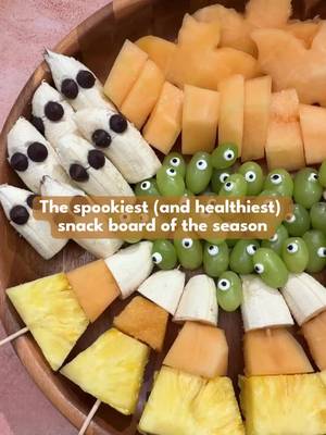 The spookiest (and healthiest) snack board of the season 👻 Spooky Fruit Platter 🍌 Fresh Del Monte bananas, halved (ghosts) 🍈 Magnificent Melon®, cut into bats 🍇 Green grapes, with candy eyes (monsters) 🍫 Mini chocolate chips 🍭 Candy Corn Fruit Skewers, for the board #freshdelmonte #fruit #freshfruit #halloweensnackboard #partyfood