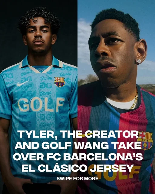 Tyler, The Creator is bringing GOLF WANG to the pitch. ⚽️ Spotify and FC Barcelona have teamed up with Tyler, The Creator’s Golf Wang for a full jersey takeover and lifestyle collection featuring varsity jackets, tracksuits, jerseys, graphic tees, and accessories. The collection drops today, October 15, online and at select GOLF WANG and FC Barcelona stores. #fcbarcelona🔵🔴 #lamineyamal💎 #tylerthecreator 
