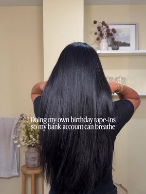 A DIY girl will always find a way, even for her birthday 🎂 I’m so excited I finally got to try tape-in extensions with 100% human hair from @Ig:Mayaluxuryhair and honestly, I can tell the difference. Let me know if you want me to show you how I do them step by step? I used 3 bundles of 24 inches that I cut to blend into a 20 or 22-inch hair. #tapeinextensions #hairtok #athomehair 
