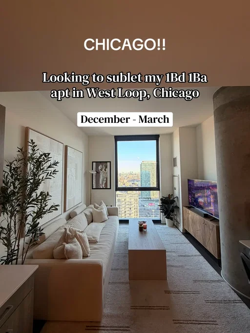 Looking for someone (preferably a girl) to sublet my fully furnished 1 bed / 1 bath apartment in the West Loop, just steps from Fulton Market, while I’m away for the winter! 📍 West Loop / Fulton Market 🗓 Available as early as Dec. 1 through March 15 — dates are flexible!! 💰 $3,300/month — all utilities included!! 🛋 Fully furnished  🧺 In-unit laundry 🏋️ Amazing, fully equipped gym in the building 💻 Spacious amenity floor with common areas for working, studying, or relaxing — perfect for anyone who works from home ☕️ The building also hosts fun resident pop-ups and events every month — free coffee, crafts, treats, etc. 🐾 no pets, sorry!! The apartment is in such a great location with tons of restaurants, coffee shops, bars, and everything Fulton Market has to offer right outside your door. I’m simply traveling for the winter, so I’d love to find someone responsible who wants a beautiful, move-in-ready place for a few months. Comment/DM me if you’re interested and I can answer any questions & send more photos/video. 🤍 #chicago #apartment #sublet #chicagosublet #westloopchicago 