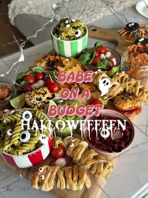 BABE ON A BUDGET…DOES HALLOWEEN !! 👻🔮🌙🎃🕸️ 💰BUDGET: £20 ⏱️TIMING: 1HR ✨ PEFECT FOR: A SPOOKY NIGHT IN / HALLOWEEN HOSTING MENU: THE CHAR-SPOOKERIE BOARD - Mummy Wrapped Fingers  - Spicy Puff Pastry Pumpkins - A Wormy Witches Cauldron - Ghostly Paprika Crisps - Boo-Schetta Sticks - Batty Quesadillas  SWEET TREATS: - Oreo Spiders on their WEBS!  SHOPPING LIST: - [ ] 1 x Roll of Puff Pastry - [ ] Veggie Sausages (using Richmond no meat!) - [ ] Tomato & Chilli Chutney - [ ] Fusili Pasta - [ ] Green Pesto - [ ] Fresh Basil  - [ ] Cherry Tomatoes - [ ] Mozzarella Pearls - [ ] Tortilla Wraps - [ ] 4 Cheese Mix  - [ ] Avocado - [ ] Lime - [ ] Oreos - [ ] 200g White Chocolate - [ ] Pretzel Sticks = £19.40 OTHER:  - [ ] Edible Eyes - [ ] Halloween Cookie Cutters Store Cupboard Essentials: Olive Oil, Salt & Pepper, Sesame Seeds, Egg / Milk (for egg wash), Chilli Flakes, Paprika, Garlic Powder Mummy Wrapped Fingers: 🌙  Cut thin strips of puff pastry & wrap them around the sausages. Egg wash & bake for 20-25 minutes at 180 degrees.  Spicy Puff Pastry Pumpkins: 🎃 With the remaining pastry, cover one half with chutney & fold the other half over the top. Cut out the pumpkins, lay them onto a baking tray and egg wash. Finish with sesame seeds & bake for 20 minutes at 180 degrees.  A Wormy Witches Cauldron: 🧙🏻 Cook the pasta as per packet instructions - drain and set aside, reserving a little pasta water. Stir through the green pesto and some fresh basil and season with salt, pepper, garlic powder & chilli flakes. Loosen with a little pasta water for a saucier consistency.  Ghostly Paprika Crisps: 👻 Cut ghosts using cookie cutter out of the tortilla - lay onto a baking tray & season lightly with paprika, salt & pepper. Bake for 20 minutes at 180 degrees.  Boo-Schetta Sticks: 👁️ Layer fresh basil, a cherry tomato & a mozzarella pearl onto a cocktail stick.  Batty Quesadillas: 🦇 Pop a tortilla wrap into a hot pan, layer cheese onto half and then fold it over. Fry until browned on either side and brush with paprika butter. Serve with guac - just mixing the avocado with lime, salt & pepper, chilli flakes & garlic powder.  COME BACK TOMORROW FOR THE SWEET TREATS! #babeonabudget  
