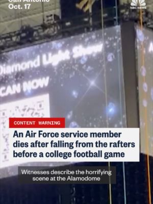 A service member fell during a pregame aerial demonstration at a college football game in San Antonio on Saturday night and later died at a hospital, according to military officials and video verified by NBC News.