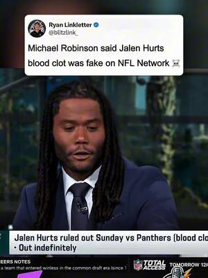 Michael Robinson’s comments about Jalen Hurts’ blood clot have aged about as badly as possible. 🤦‍♂️ The NFL Network analyst suggested that Hurts could be using his injury to avoid taking responsibility for Philadelphia’s struggles this season, even questioning the seriousness of a “superficial” blood clot. Now, just days later, the Eagles have announced that Hurts has been diagnosed with deep vein thrombosis and blood clots in both lungs. He’s expected to miss the remainder of the 2026 season. You can criticize Hurts’ performance all you want. That’s part of football. But questioning whether a player is using a potentially life-threatening medical condition as an excuse is completely irresponsible. This is an awful look for Robinson, especially as a former NFL player. Wishing Jalen Hurts a full and healthy recovery. 🙏 Should Michael Robinson publicly apologize for these comments? #nfl #jalenhurts #philadelphiaeagles #nflnetwork #football