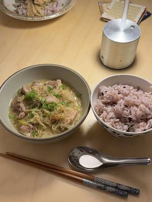 Chicken and cabbage! Simmered until the cabbage melts into a hearty sauce for the chicken. Then seasoned with miso, sesame oil, lemon, and white pepper. 