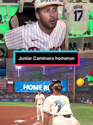 HOW DOES THIS HOMER EVEN COUNT… Phillies fan reacts to Junior CAMINERO hitting his first homer of the post season in game 6 of the ALCS! #MLB #baseball #rays #juniorcaminero #reaction 