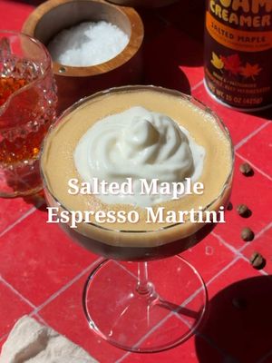 Salted Maple Espresso Martini 🍁☕️ 1 1/2 oz vodka 1 1/2 oz espresso 3/4 oz coffee liqueur 1/2 oz maple syrup Pinch of sea salt Trader Joe’s salted maple cold foam creamer, for topping Shake with ice until cold, strain into a coupe, and top with the cold foam. #espressomartini #falldrinks #cocktailrecipes 