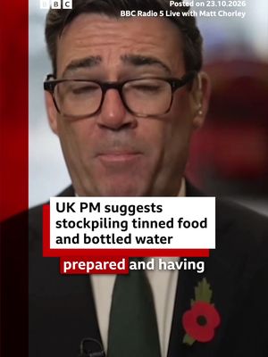 The prime minister has advised people to stock up on tinned food and bottled water in order to be prepared for emergencies, like threats posed by Storm Austen and Storm Boelo. In response, Conservative leader Kemi Badenoch said that "families can stock up but what's going on with defence, the cyber attacks, the hybrid warfare?" #AndyBurnham #Stockpiling #Food #Water #UKPolitics #BBCNews