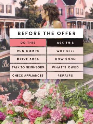 Before you make the offer, check more than the house. 👀 Run the comps. Drive the area. Talk to the neighbors. Check the appliances. Then ask why they’re selling, how soon, what’s owed, and what needs repairing. Do the homework before you name the price. 🏡 #RealEstateTok #RealEstateInvesting #WomenWhoInvest #NewInvestor #PropertyTips