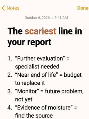 Home inspection report phrases decoded 🔍 Further evaluation recommended means get a specialist.  #homeinspection #firsttimehomebuyer #homebuyertips