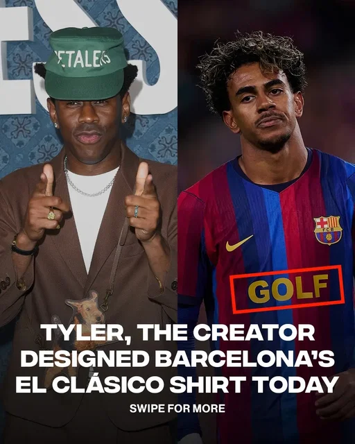 Barcelona really in their Tyler era ⚽️ FC Barcelona brought Tyler, the Creator’s GOLF WANG brand to El Clásico earlier today. The team swapped its usual Spotify sponsor logo for ‘GOLF’ against Real Madrid, marking the first time Barcelona gave an artist complete creative control over its collaboration. [via/ GettyImages, X FCBarcelona]