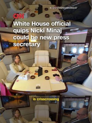 White House communications director Steven Cheung posted a video of himself and rapper Nicki Minaj chatting on Air Force One, with captions saying they “may have found” the new White House press secretary. They were both on their way to a rally in Michigan, as President Donald Trump campaigns for Republicans in the run up to the midterm elections. #cnn #news #nickiminaj