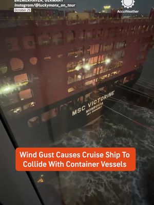 A powerful wind gust sent a cruise ship drifting into two container vessels in Bremerhaven, Germany, on Sunday as Storm Boelo moved through the region. No injuries were reported, but officials said one of the container ships sustained "considerable damage" in the collision.