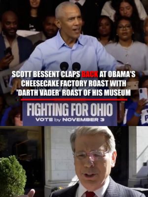 "This is the man who built the museum... It looks like Darth Vader's tomb." Treasury Secretary Scott Bessent fires back at Obama after the former president mocks the White House's gold decor, joking that it looked like "Saddam Hussein opened a Cheesecake Factory." The exchange takes an unexpected turn when Bessent, fresh off a Cheesecake Factory lunch, defends the restaurant and tells the "Martha's Vineyard set" to give it a try — a nod to the former first couple, who own a home on the Massachusetts island.