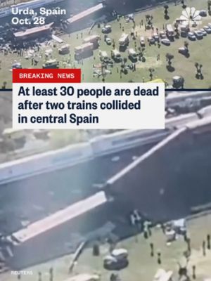 At least 30 people were killed when two high-speed trains collided in central Spain on Wednesday, sending carriages careening off the tracks, in the second major accident on the same line in less than a year.