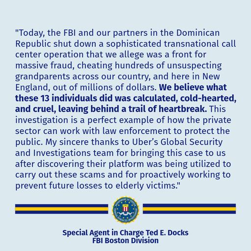 Thirteen Individuals Charged for Operating Transnational Elder Fraud Scheme https://t.co/6KjhdNjutV @FBIBoston 