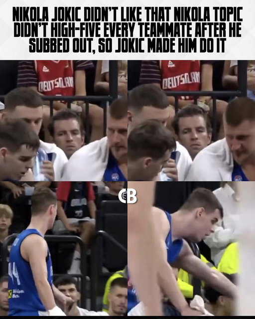 Nikola Jokic didn’t like that Nikola Topic didn’t high-five every teammate after he subbed out, so Jokic made him get up &amp; do it 💯

Respect to Jokic! 👏

Via. @Eurohoopsnet 