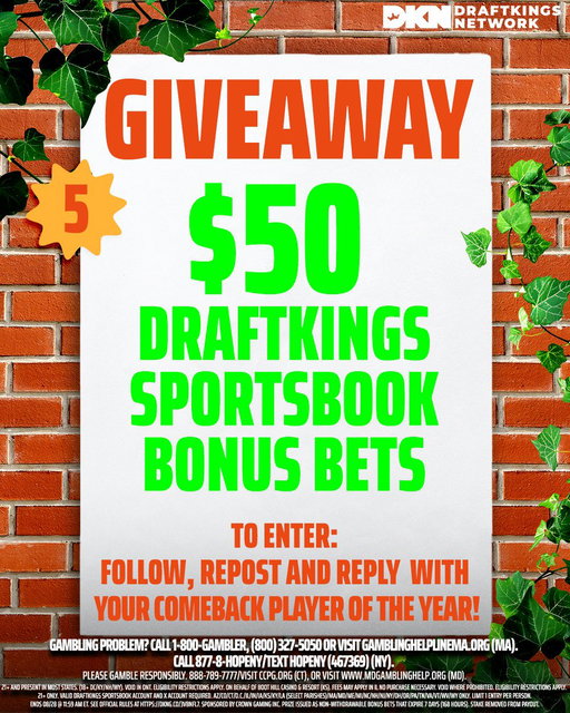 You know what time it is. #GiveawayTuesdays has RETURNED!!

We're giving out five $50 @DKSportsbook bonus bets 👀

To Enter:
1) Follow @DKNetwork 
2) Repost this post
3) Reply with your Comeback Player of the Year pick

Ends 8/28 noon. T&amp;C: https://t.co/bfRPddYazw 