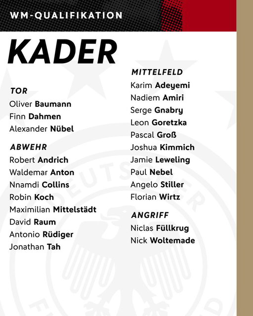 👇 Mit diesem Kader geht es in die WM-Quali 🇩🇪

#SVKGER: 4. September, 20.45 Uhr (Bratislava)
#GERNIR: 7. September, 20.45 Uhr (Köln)

#dfbteam 📸 DFB/Philipp Reinhard 