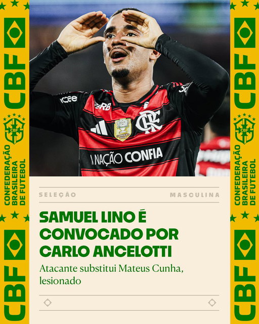 O atacante Samuel Lino, do Flamengo, foi convocado neste sábado (30) pelo técnico Carlo Ancelotti para os jogos do Brasil contra Chile e Bolívia, nas duas últimas rodadas das Eliminatórias da Copa do Mundo de 2026.

Após conversa entre os departamentos médicos do Manchester United e da Seleção, o atacante Mateus Cunha foi desconvocado devido à lesão muscular sofrida na partida contra o Burnley, pela Premier League.

Foto: Gilvan de Souza/Flamengo