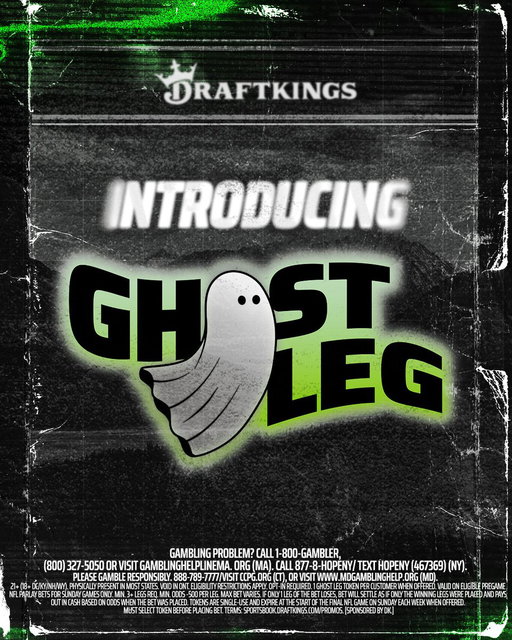 Last season, over 30 million parlays fell short by just one leg.

Introducing Ghost Leg: if your Week 1 NFL Sunday parlay misses by a single leg, we’ll ghost it and pay you out in cash 👻 