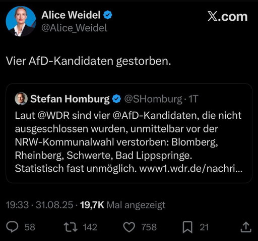 Wenn dir als Parteichefin das befeuern von kruden Verschwörungen wichtiger ist als Mitgefühl für verstorbene Mitglieder deiner Partei.
😅🥂 