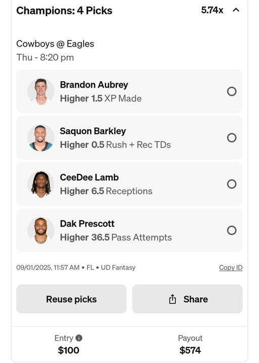 TNF picks. 1st game of the season! Getting em out now for yas! Code ZIRK exclusive Dak free pick, Saquon free pick and a LONGSHOT. @Zirksee
 Use code ZIRK and get $50 in funds after your first $5 entry and the code ZIRK exclusive Dak .5 free pick! https://t.co/acAKAFKNhK 