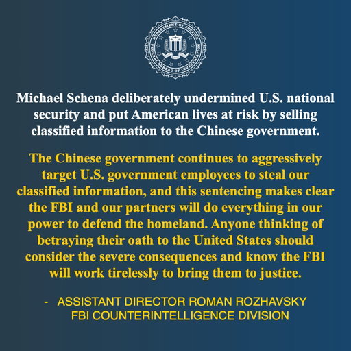 Department of State Employee Sentenced for Transmitting National Defense Information to Suspected Chinese Government Agents https://t.co/GPGvBujg3b @FBIWFO 