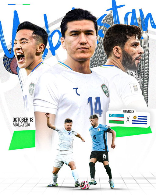 🏆 Uzbekistan National Team, preparing for the FIFA World Cup, will face Uruguay in a friendly match in October. The match will be held in Malaysia.

🇺🇿 Uzbekistan 🆚 Uruguay 🇺🇾
🗓 October 13
🏟 Kuala Lumpur 
