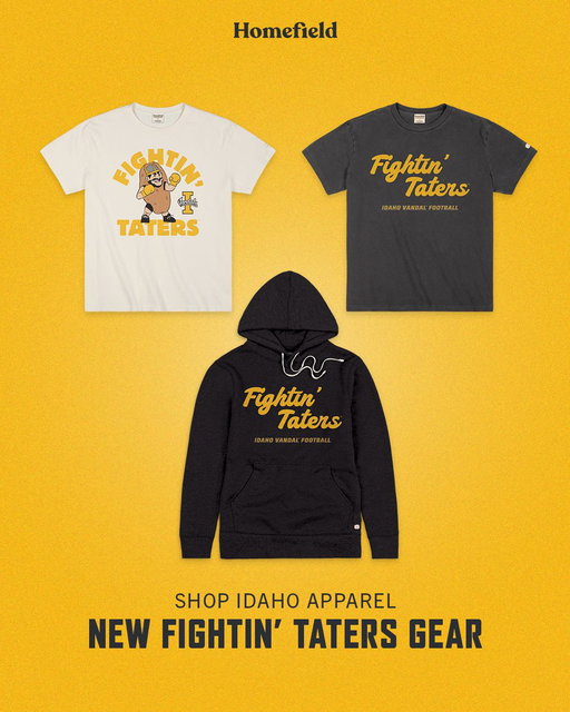 The Fightin’ Taters are here.

We had to honor the best helmet in college football.

Available now! 
https://www.homefieldapparel.com/collections/idaho-vandals-vintage-hoodies-tees-crewnecks?utm_source=twitter&amp 