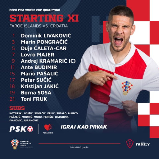 Introducing #Croatia starting lineup! 🇫🇴🇭🇷 #FROCRO 

#Family #PokažiSrce #WCQ #Vatreni❤️‍🔥 